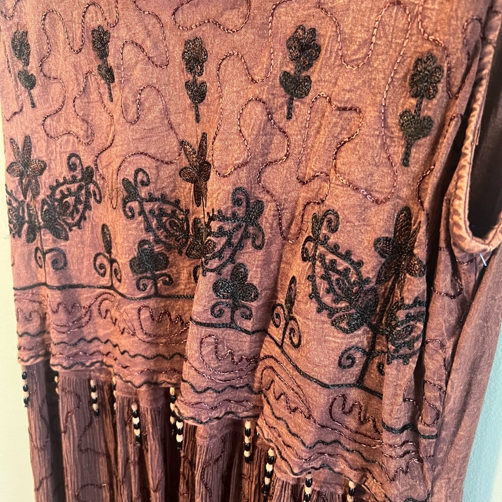 VTG Marisol Brown MIDI Cottagecore Dress Boho Embroidered Sleeveless Bead, XL - Picture 6 of 14